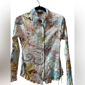 Komarov Top Blouse Shirt Crinkle Lace Sleeve Pleated Silky Floral Button Down S